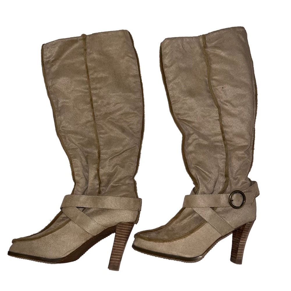 Rebels knee high ankle buckle tan heeled boots